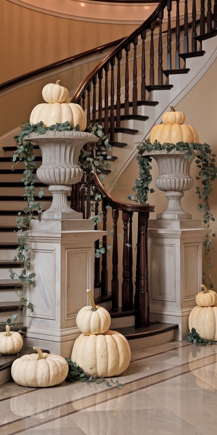 Elegant staircase with white pumpkins and green foliage decorates the polished entrance, featuring grand urns and a dark wooden handrail.