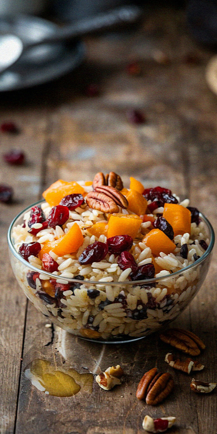 A glass bowl of rice salad with nuts, cranberries, and diced apricots on a rustic wooden table.