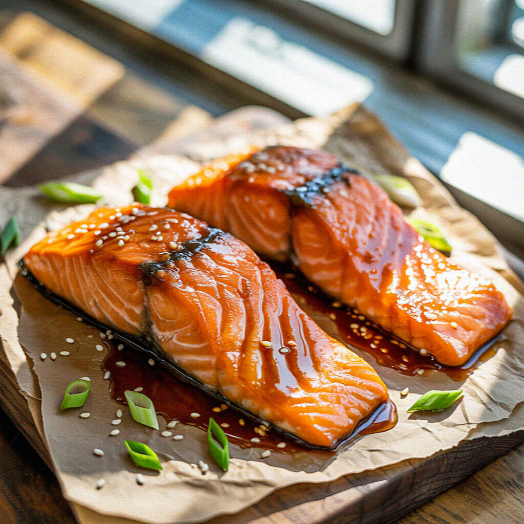 Two glazed salmon fillets with sesame seeds and green onions on parchment paper, set on a wooden board near a sunlit window.