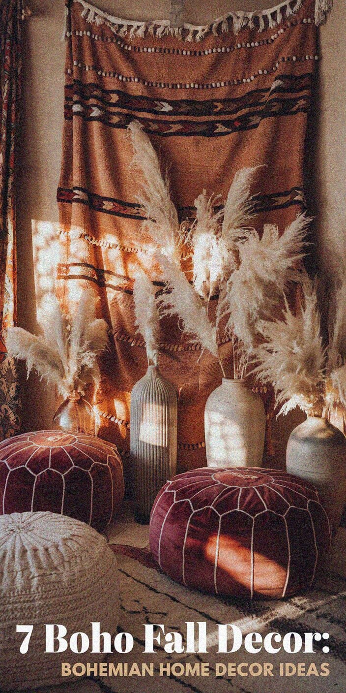 Cozy bohemian fall decor with patterned tapestry, pampas grass in vases, and inviting poufs. Warm, earthy tones evoke a peaceful atmosphere.