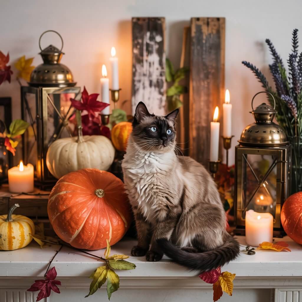A Siamese cat sits amidst pumpkins, candles, and autumn leaves, surrounded by lanterns on a mantel, creating a cozy, festive scene.