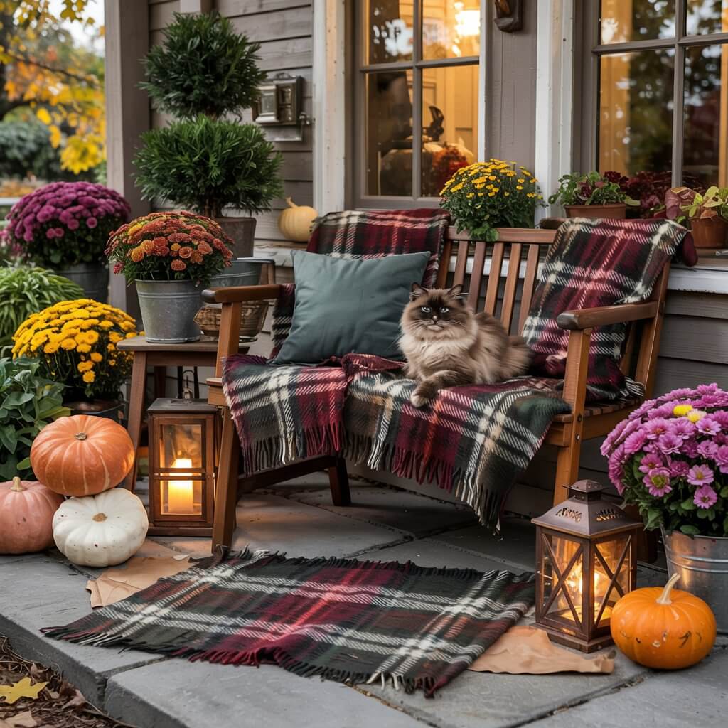 A cozy porch features a cat on a plaid blanket, surrounded by colorful chrysanthemums, pumpkins, and lanterns, creating a warm autumn atmosphere.