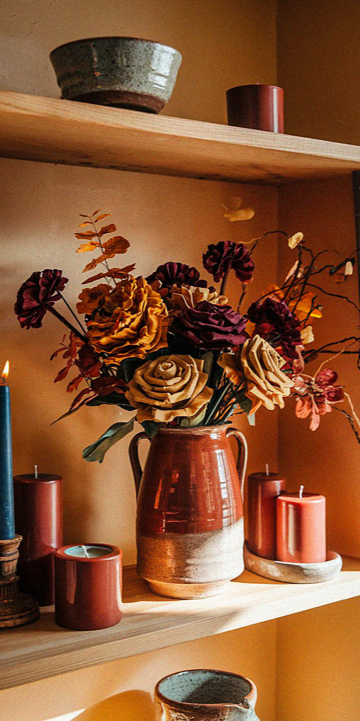 A rustic wooden shelf displays a ceramic pitcher with vibrant dried flowers, surrounded by red and blue candles, exuding autumn warmth.
