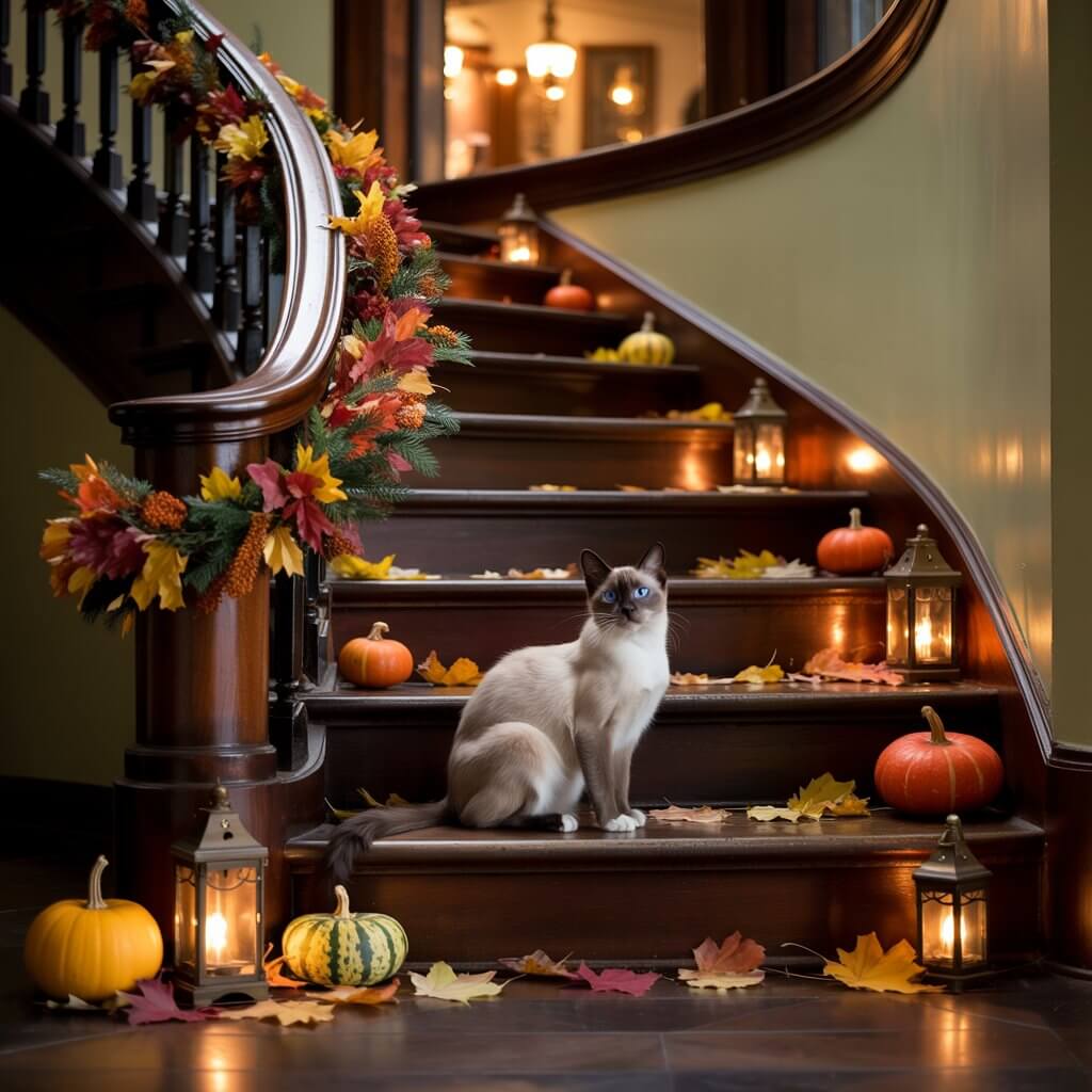 A cat sits on a decorated wooden staircase with pumpkins, lanterns, and autumn leaves, creating a cozy, festive fall ambiance.