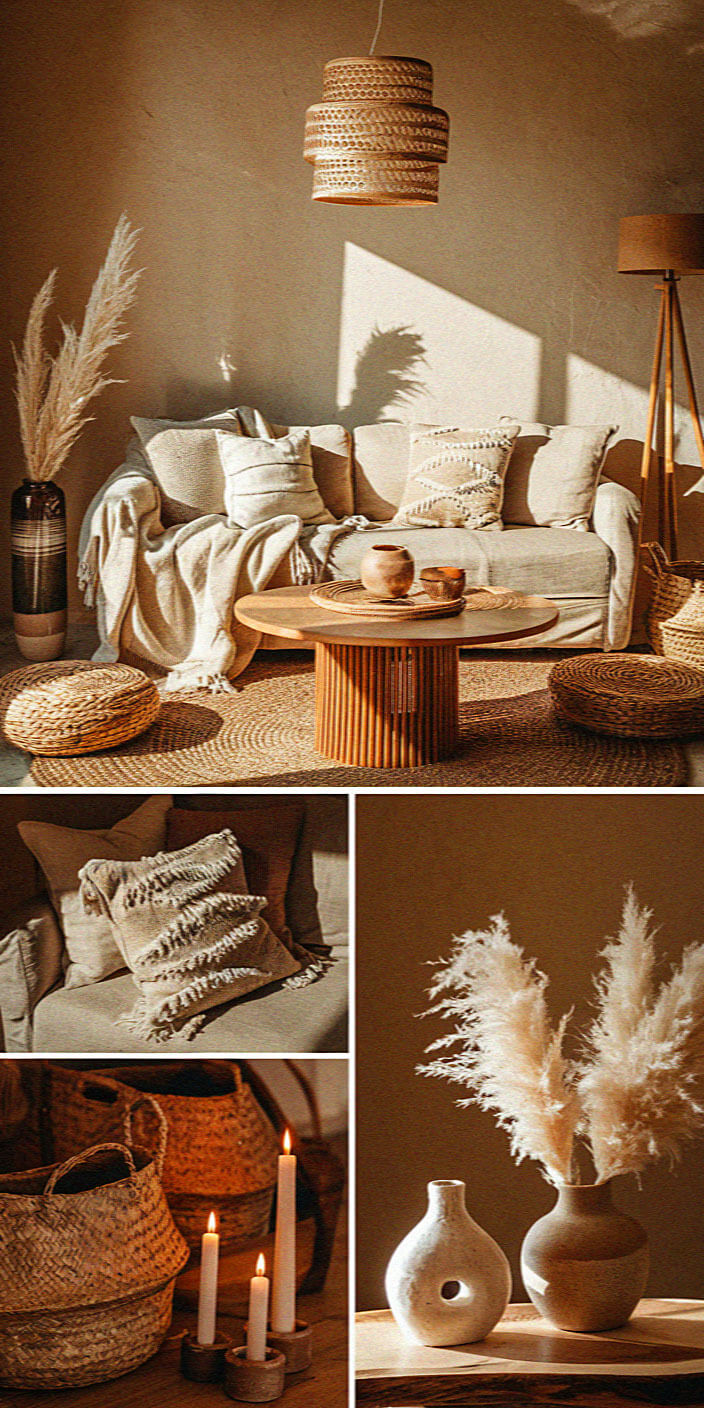 Cozy living room with neutral-toned decor, woven accents, pampas grass, candles, and a round wooden coffee table under warm natural light.