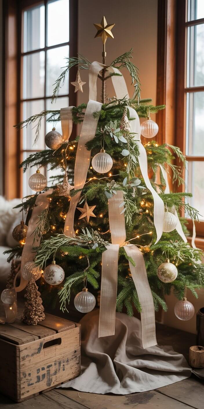 A beautifully decorated Christmas tree with ornaments, ribbons, and lights stands beside wooden boxes indoors, creating a cozy, festive atmosphere.