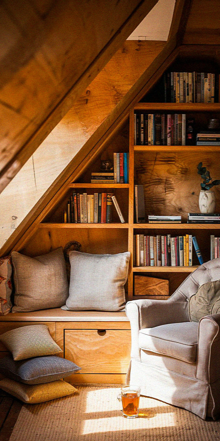 A cozy attic space with wooden bookshelves, a cushioned reading nook, an armchair, and sunlight illuminating a cup of tea on the floor.