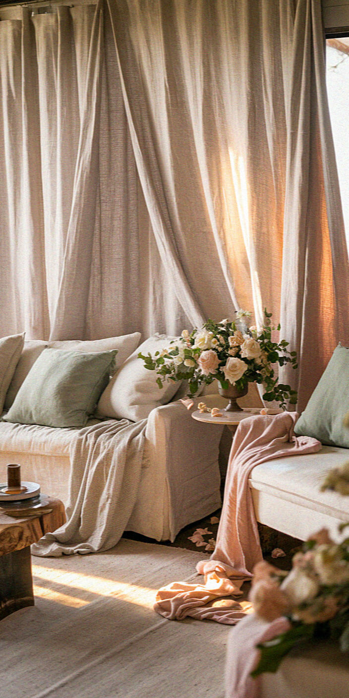 A cozy living room with beige seating, pastel pillows, soft drapes, and a floral centerpiece on the table, bathed in warm sunlight.