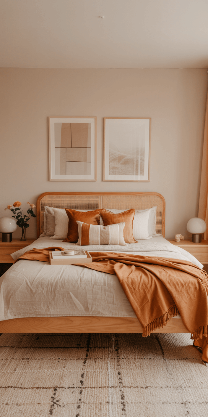 A cozy bedroom with a neatly made bed, orange accents, framed abstract art, and warm lighting, creating a calm, minimalist ambiance.