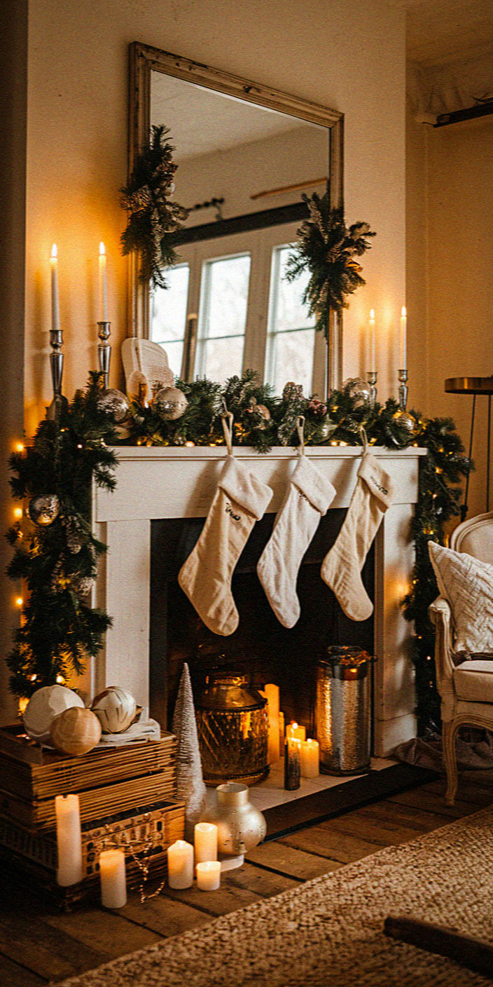 Cozy fireplace with stockings, candles, and festive garland. Mirror above reflects warm light. Soft glow creates a welcoming holiday atmosphere.