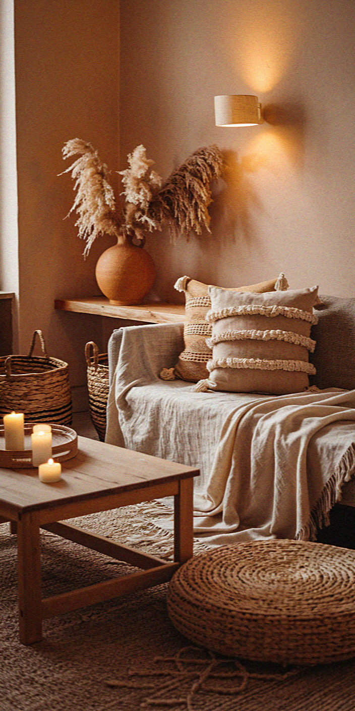 Cozy living room with beige tones; comfortable sofa, textured cushions, wooden table, lit candles, pampas grass in vase, woven baskets, warm lighting.
