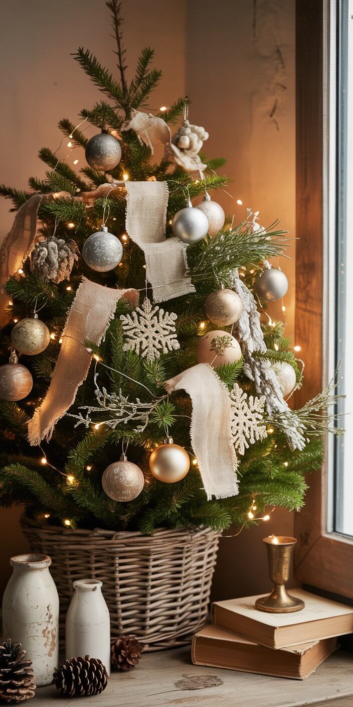 A small Christmas tree with silver and gold ornaments, burlap ribbons, and warm lights, beside candles and books on a wooden table.