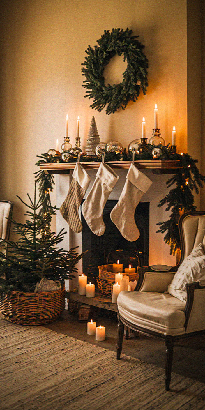 Cozy Christmas scene with stockings, candles, and greenery on a fireplace mantel. A wreath adorns the wall; a small tree sits nearby.