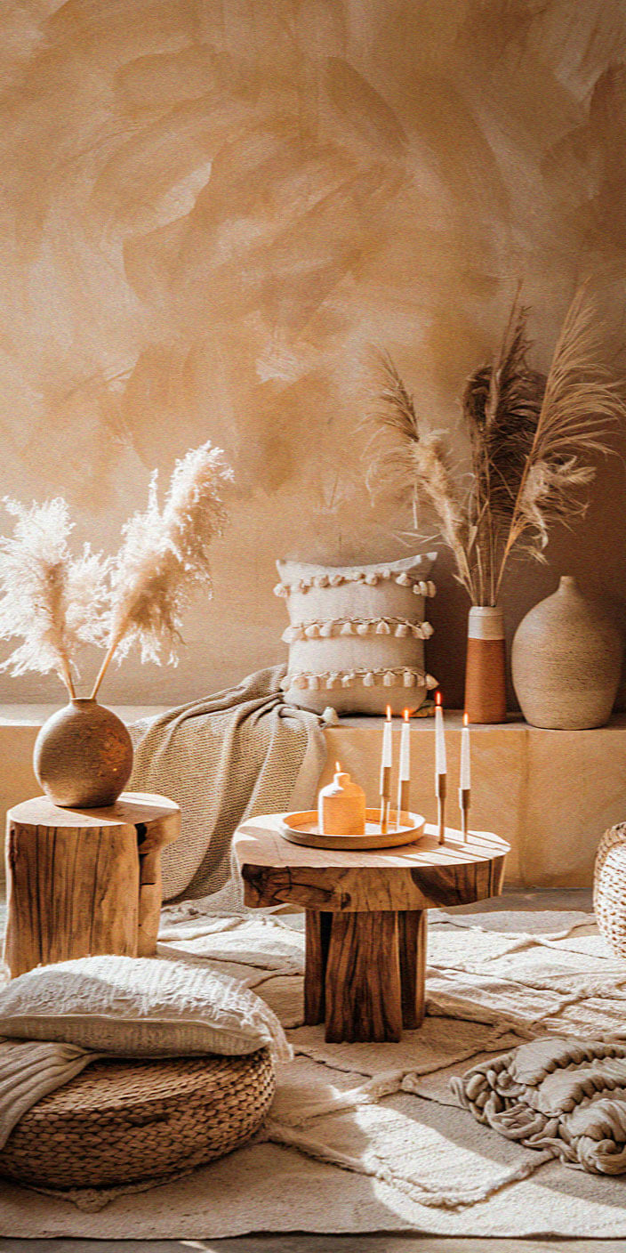 Cozy, bohemian interior with wooden tables, textured pillows, woven baskets, and decorative vases with pampas grass. Neutral tones create a warm atmosphere.