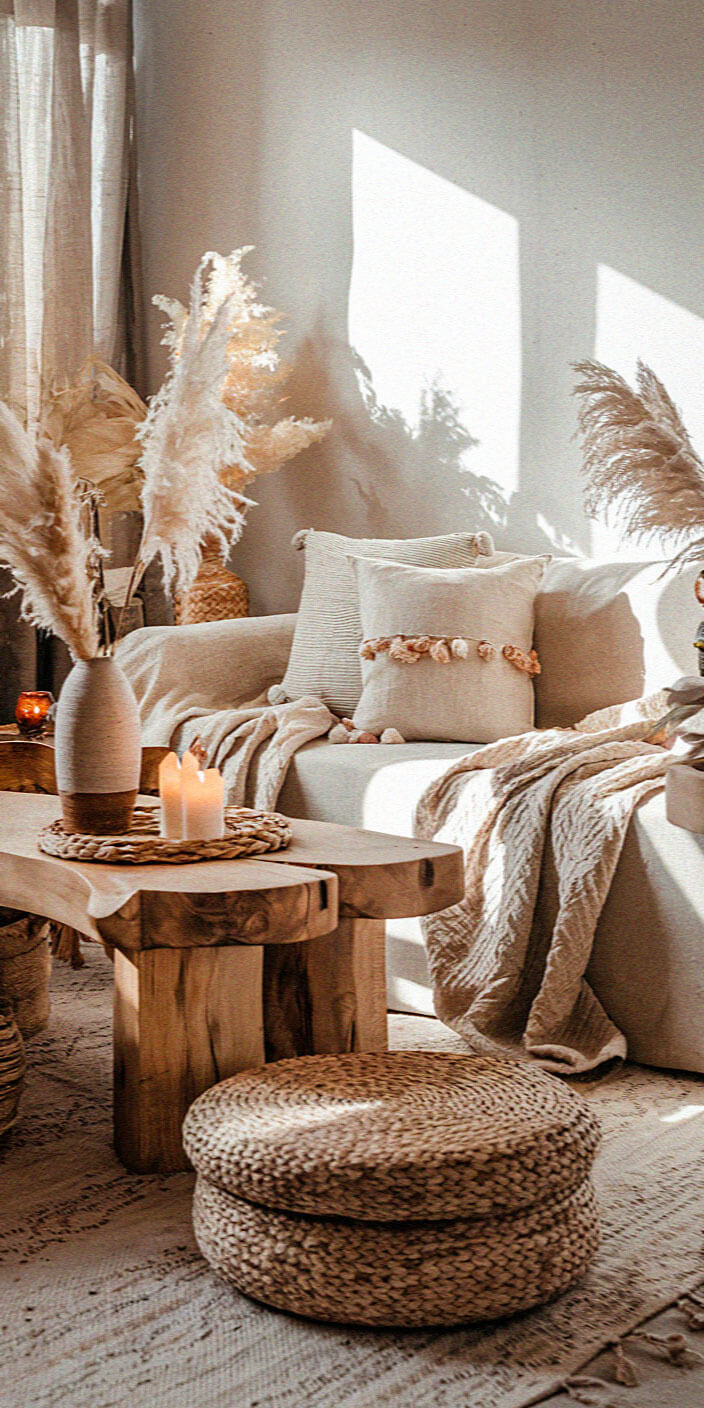 A cozy, light-filled living room with earth-toned decor, featuring pampas grass, candles on a rustic wooden table, and textured cushions.