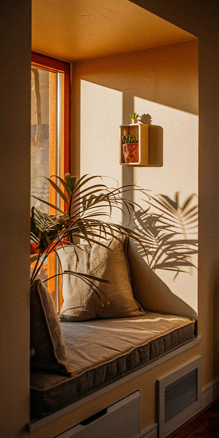 Cozy window nook with cushions and a potted plant. Sunlight casts shadows on the wall, creating a warm and inviting atmosphere.