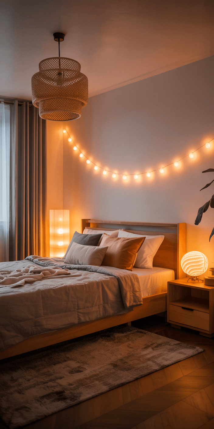 A cozy bedroom with warm lighting features a stylish bed, soft pillows, a woven ceiling lamp, and a bedside table with glowing lights.