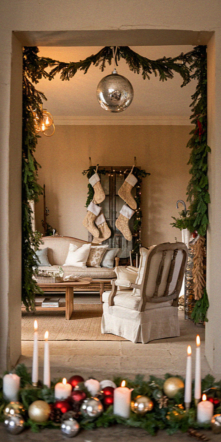 Festive living room adorned with stockings, garlands, and candles. Cozy seating area visible through a decorated doorway. Warm, inviting holiday ambiance.