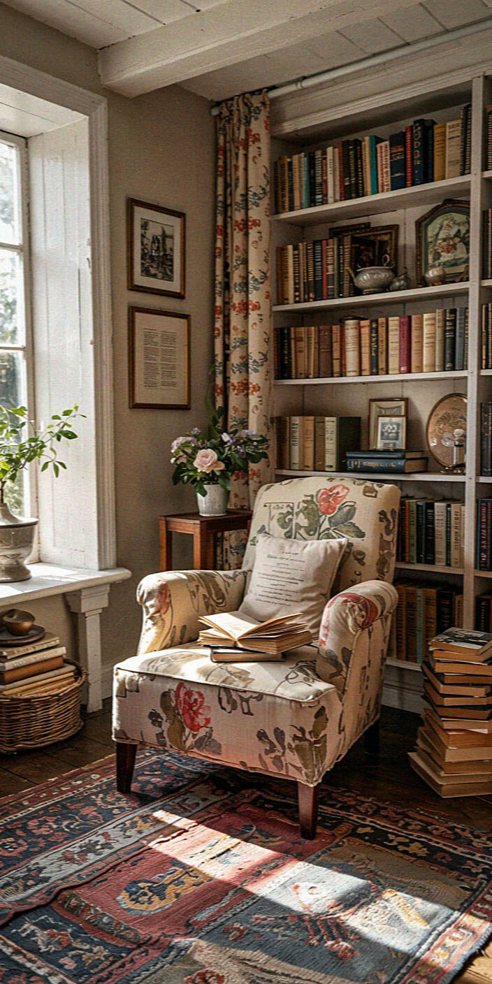 Cozy reading nook with floral chair, open book, and bookshelf. Sunlight streams through a window, illuminating a vase of flowers and carpet.