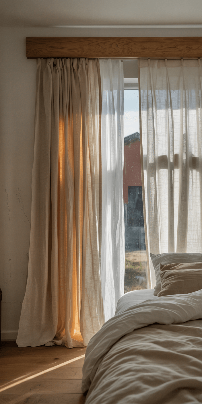 Cozy bedroom scene with soft beige and white curtains, sunlight streaming through window, partially visible bed with rumpled cream bedding. Warm, inviting atmosphere.