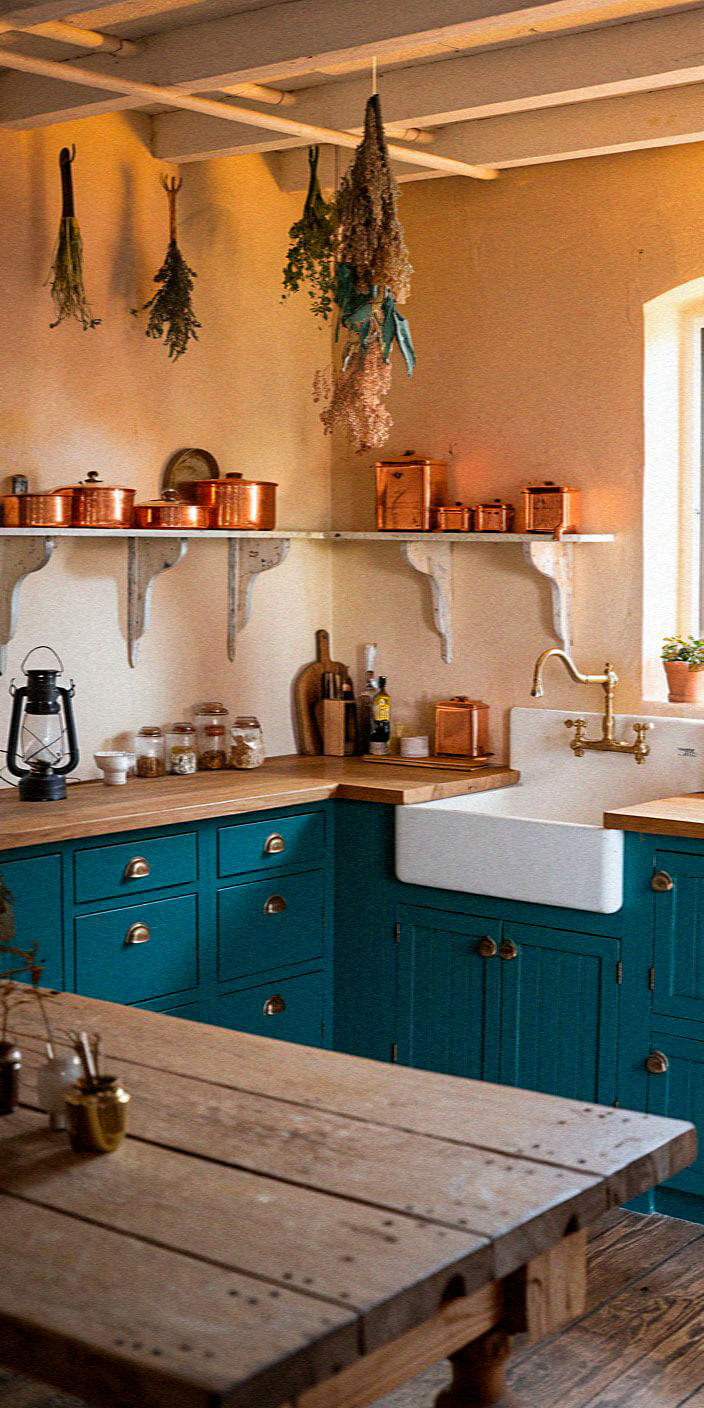 Cozy rustic kitchen with teal cabinets, wooden countertops, and a farmhouse sink. Dried herbs hang above, with copper pots and jars on shelves.