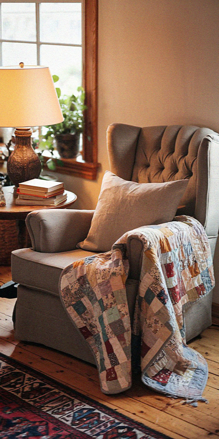 Cozy chair with a colorful patchwork quilt, beside a lamp-lit table with books. Wooden floor, window view reveals potted plants.