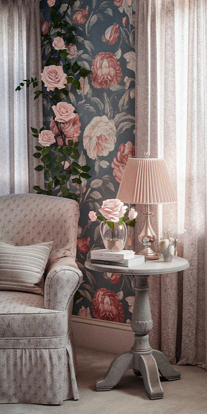 Cozy room with floral wallpaper, flower-filled vase on side table, soft pink lamp, gray armchair, and pastel curtains enhancing warmth.