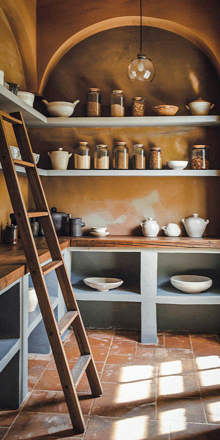 Warm-toned rustic kitchen pantry with shelves of jars, pottery, and a wooden ladder. Sunlight streams through, creating a cozy atmosphere.