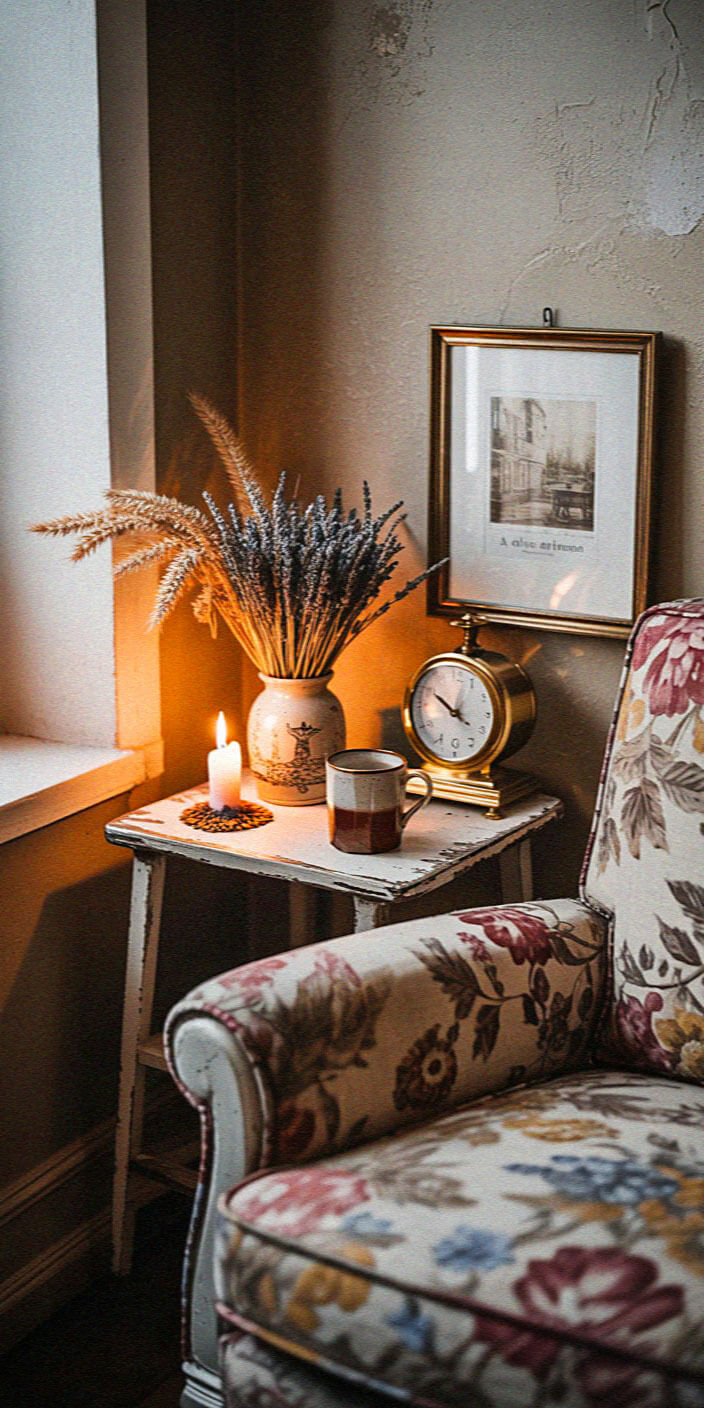 Cozy corner with floral armchair, vintage clock, framed art, candle, and flowers on a rustic table, creating a warm, inviting ambiance.