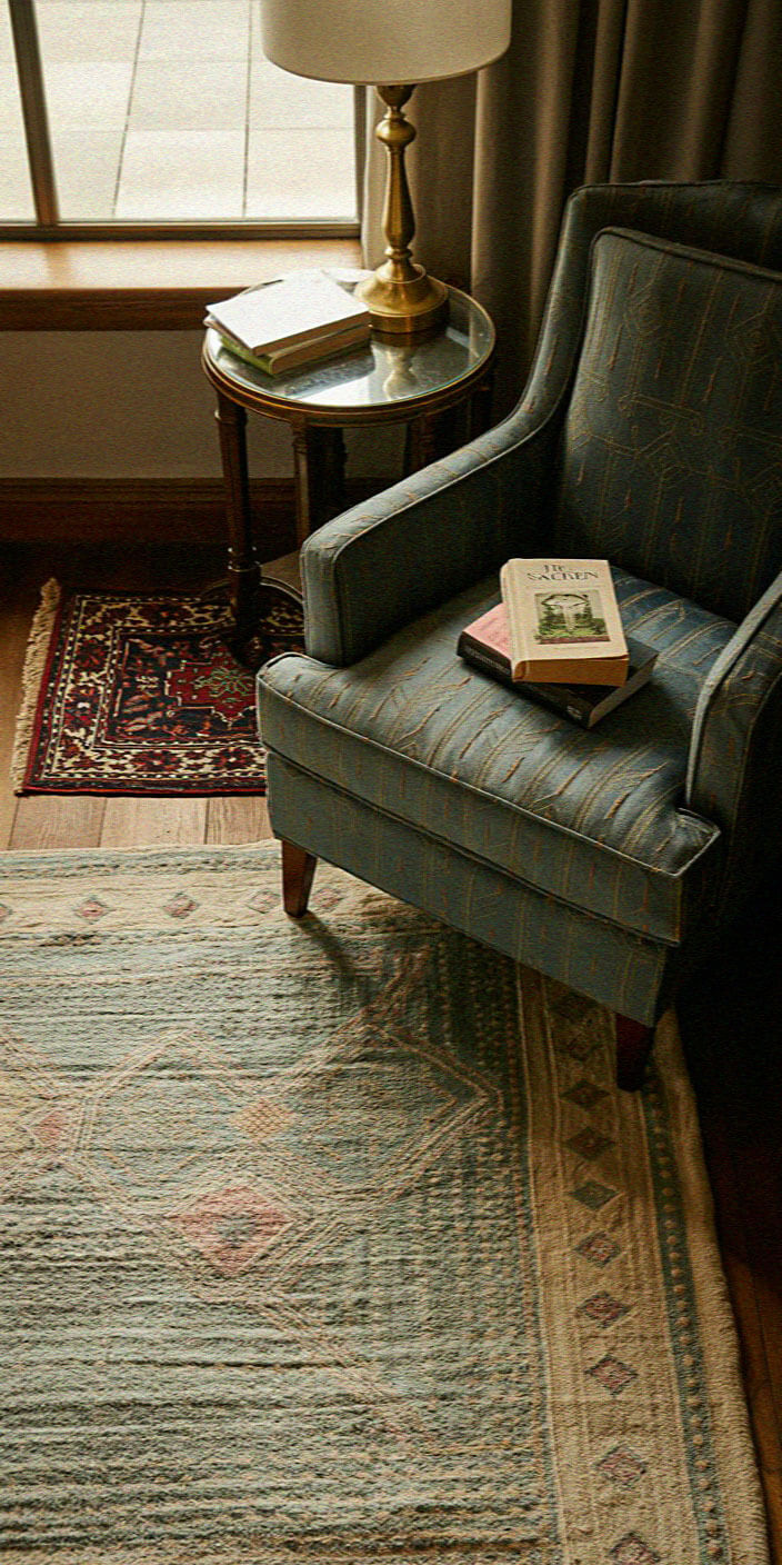 Cozy reading nook with a blue armchair, side table, and books. Soft lighting, patterned rugs, and drapes complete the serene atmosphere.