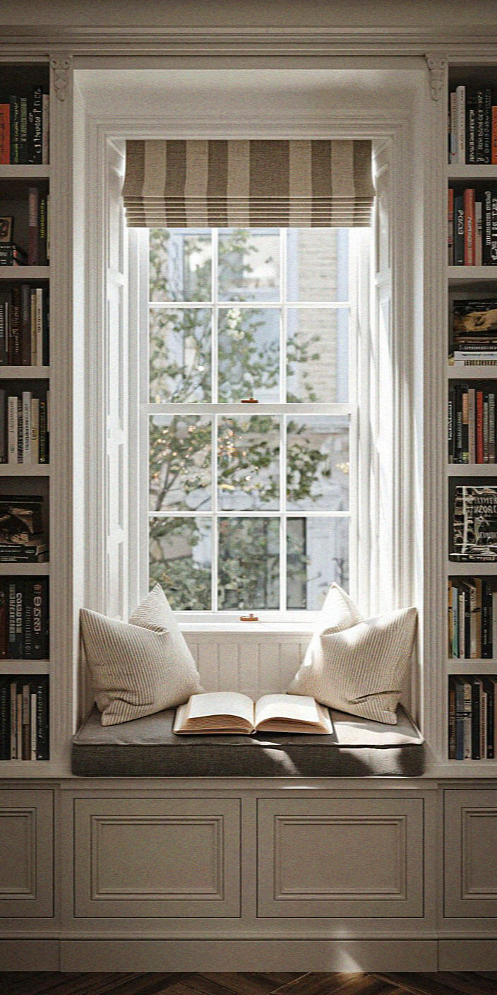 Cozy window nook with open book and cushions, flanked by bookshelves, overlooks greenery through a grid window with striped Roman shade.