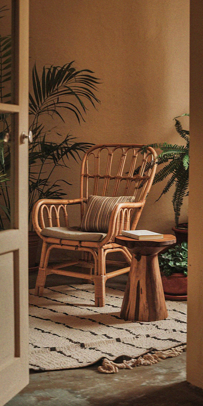 A cozy, inviting interior with a rattan chair, striped cushion, wooden side table, and potted plants, creating a serene atmosphere.