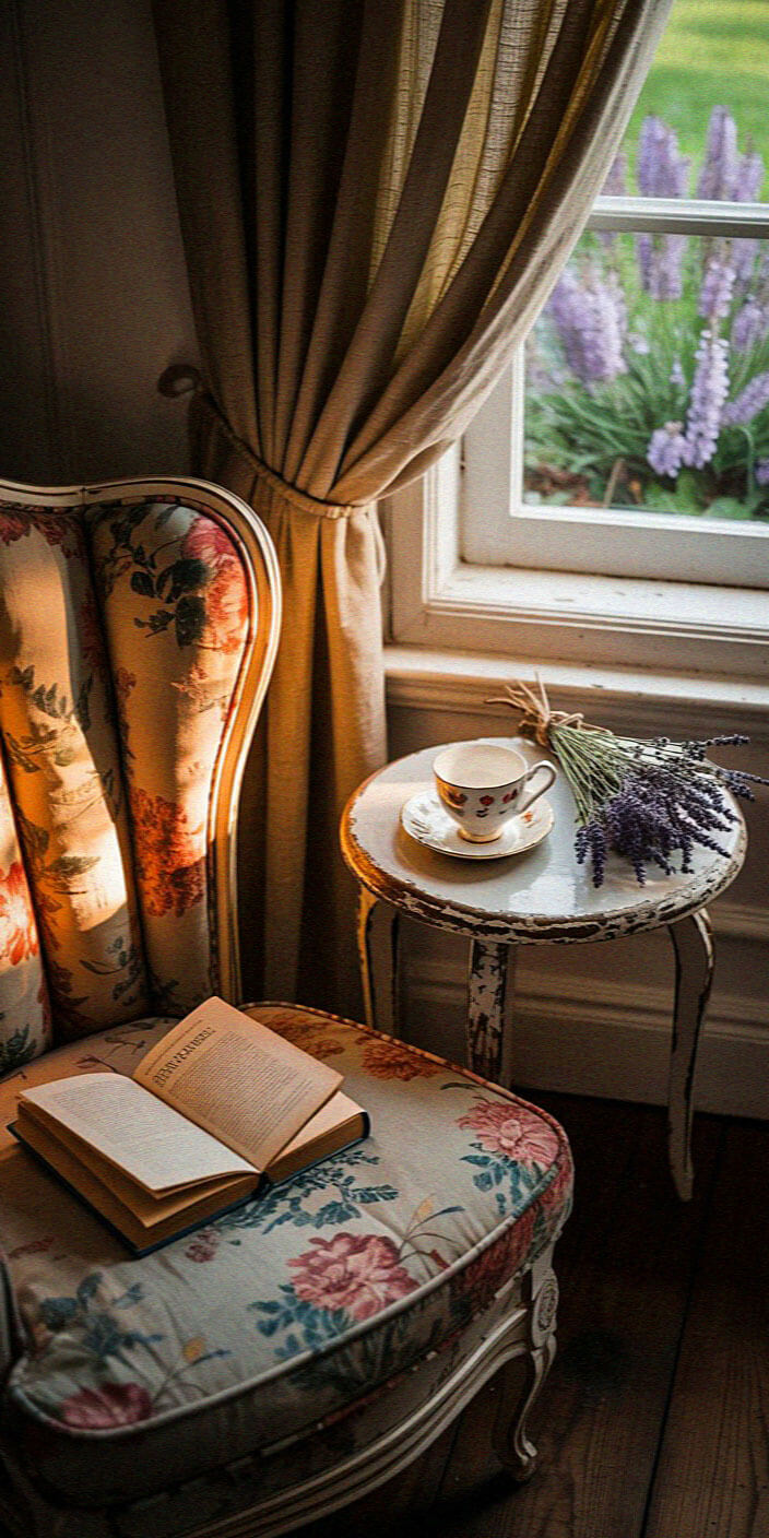 Cozy nook with a floral chair, open book, and tea cup on a rustic table. Lavender blooms outside the sunlit window.