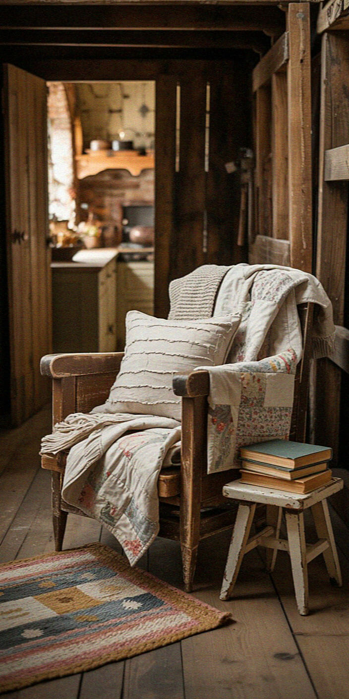 A cozy, rustic room featuring a wooden chair with cushions, a small stool with books, and a patchwork rug on a wooden floor.