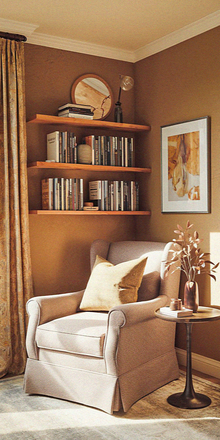 A cozy corner features a plush armchair, shelves with books, abstract artwork, side table with plant, and a warm color scheme.