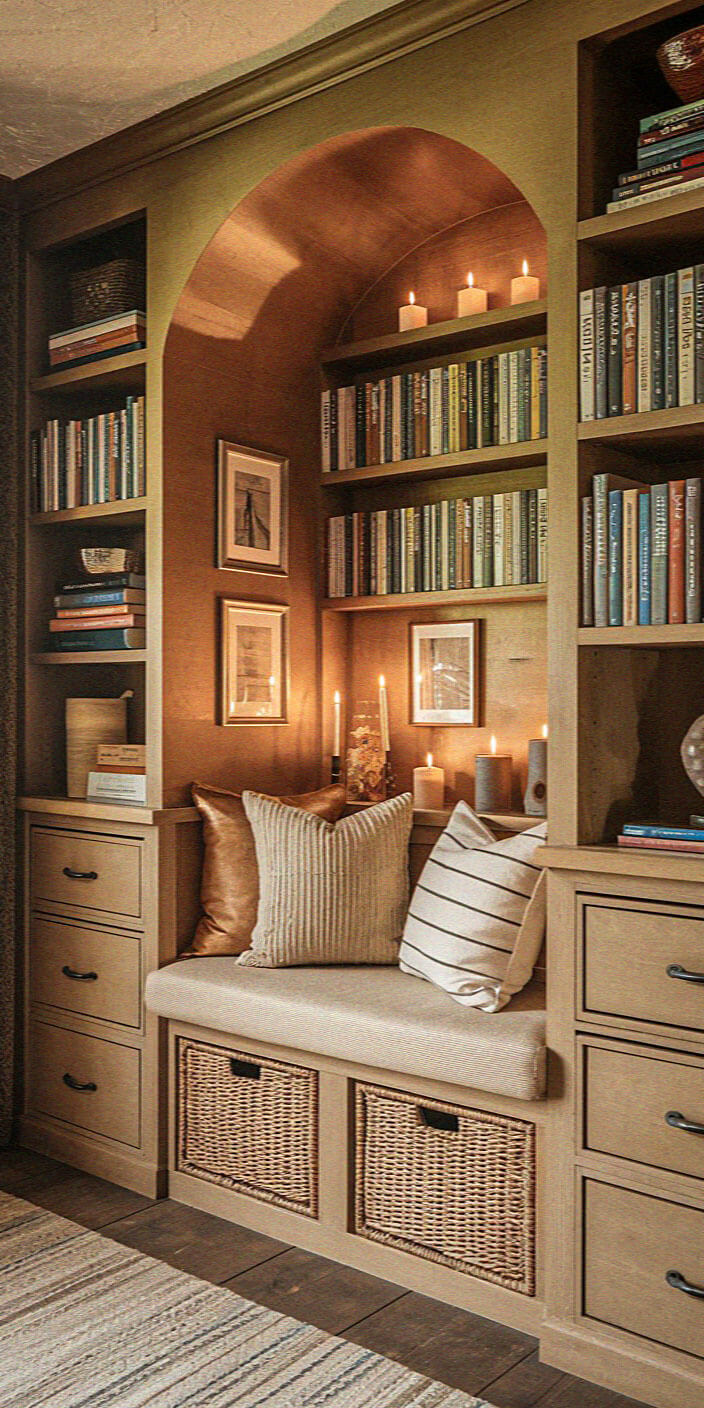 Cozy reading nook with wooden shelves, books, and lit candles. Cushioned bench provides seating; warm lighting and framed pictures enhance the inviting ambiance.
