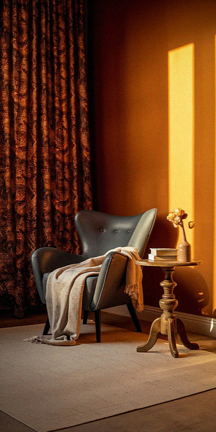 A cozy setting featuring a stylish armchair with a draped throw, next to a small table with books and a vase.