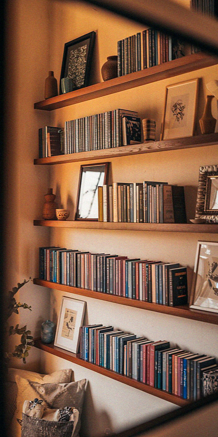 Cozy room with wooden shelves, filled with books, decorative items, and framed art. A corner with soft cushions and a plant adds warmth.