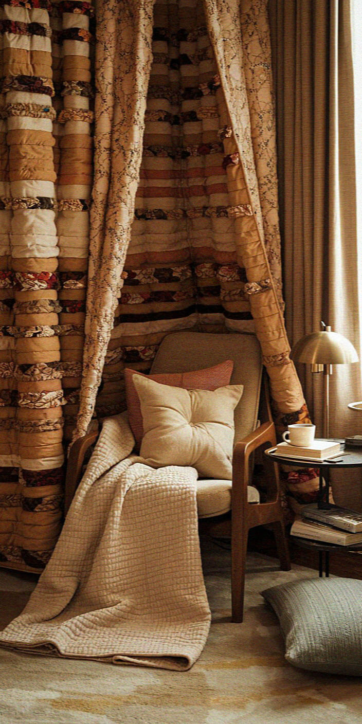 Cozy reading nook with a cushioned chair, blanket, and pillows, surrounded by patterned curtains. A warm lamp and books complete the scene.