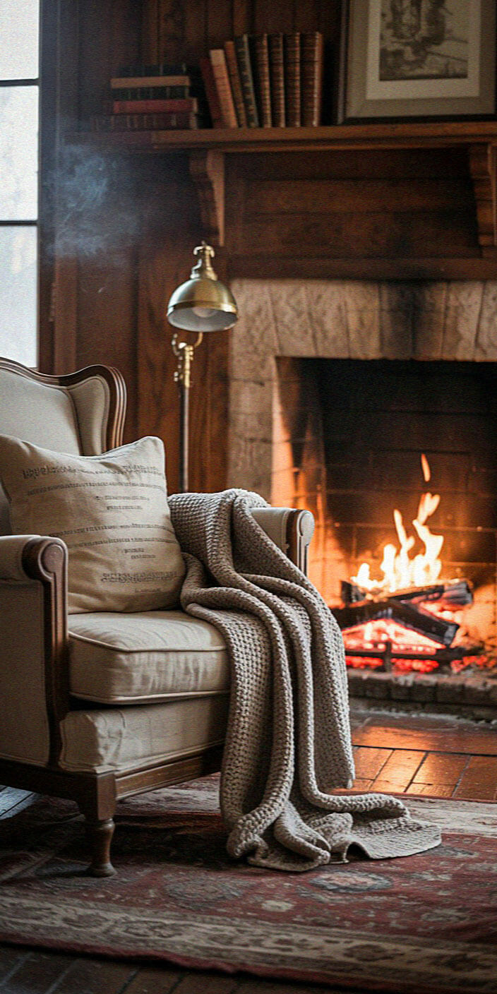 Cozy room with an armchair, knitted blanket, and crackling fireplace, surrounded by wooden shelves with books. Warm and inviting atmosphere.