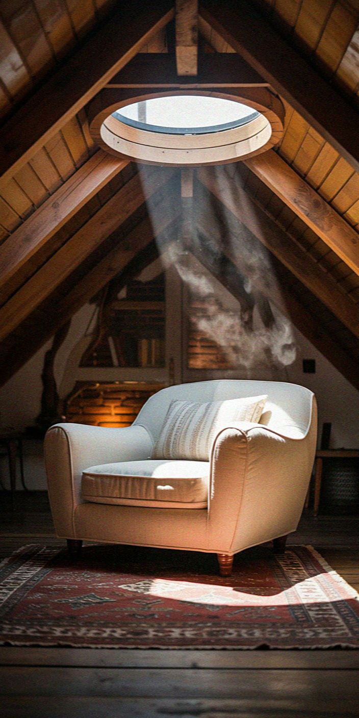 A cozy attic features a plush armchair, antique rug, and soft light streaming through a round skylight, creating a serene reading nook.