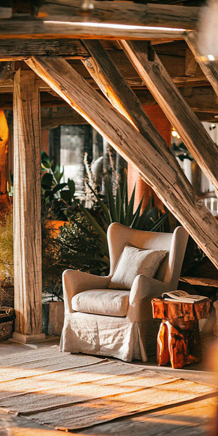 Cozy interior with a cushioned armchair, rustic wooden beams, and a small wooden side table. Natural light filters through, highlighting plants.