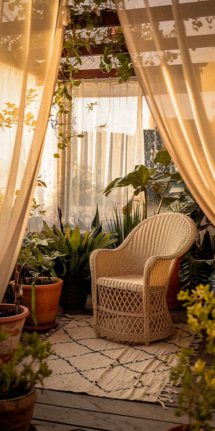 A cozy balcony corner features a wicker chair, sheer curtains, and lush potted plants, creating an inviting, tranquil atmosphere for relaxation.