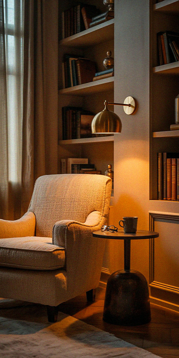 Cozy room with an upholstered armchair, side table with cup and glasses, bookshelves, and warm lighting creating a relaxing, inviting atmosphere.