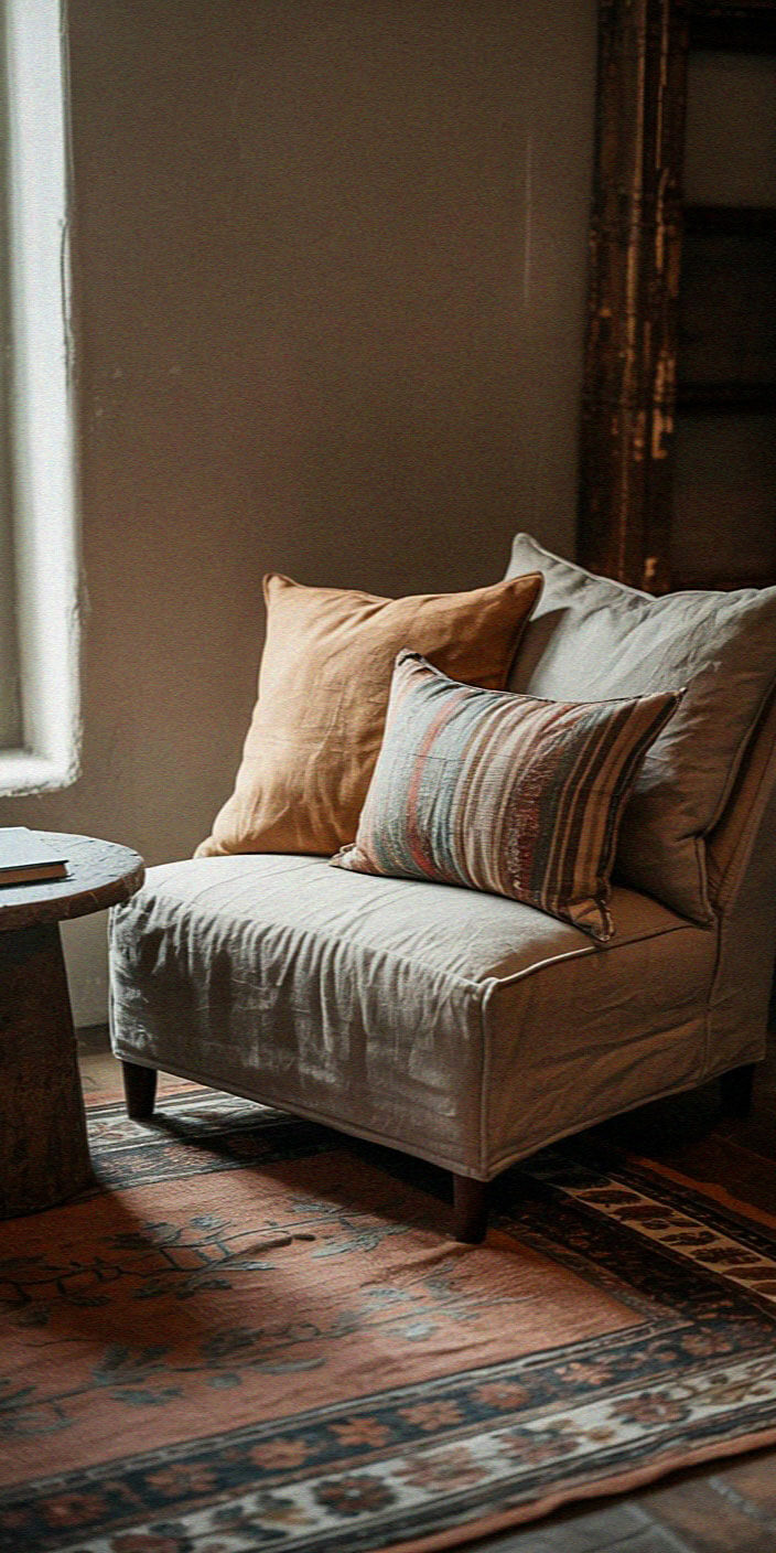 Cozy room with an armchair, two cushions, a rustic wooden table, and a patterned rug, lit softly by natural light from a window.