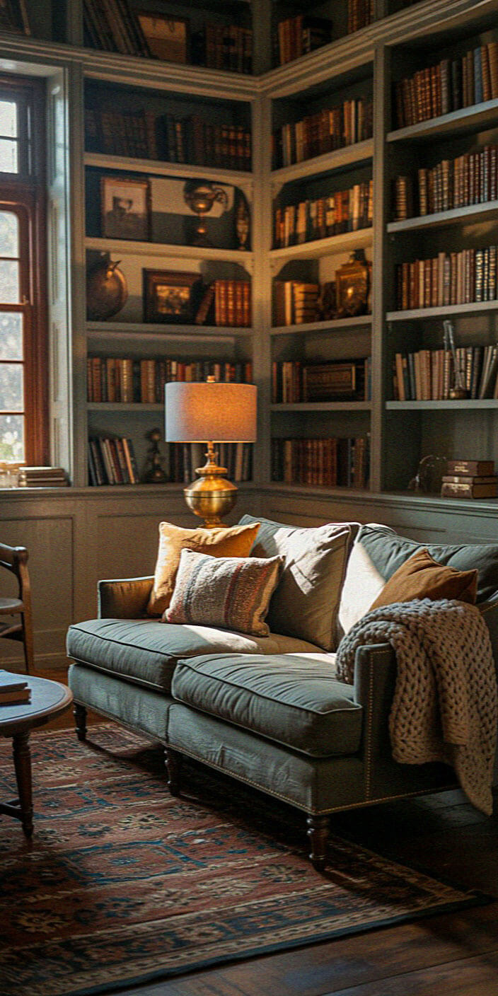 Cozy library corner with a plush sofa, patterned rug, shelves filled with books, a warm lamp, and large window providing natural light.
