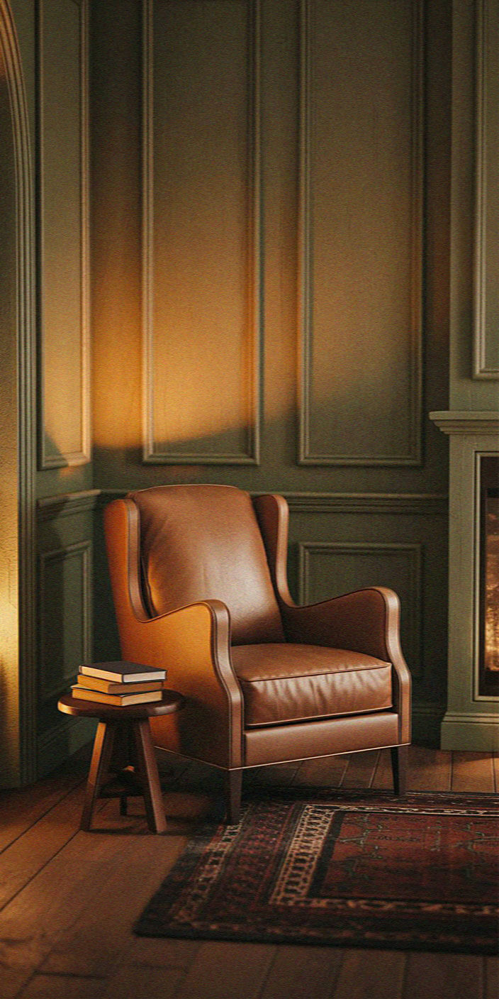 A cozy corner with a brown leather armchair, small table with books, and softly lit paneling beside a warm fireplace.