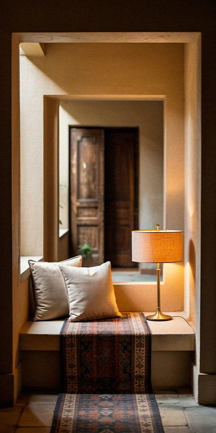 A cozy seating nook with cushions, a patterned runner, and a lamp; framed by architectural arches and wooden doors in a dimly lit space.