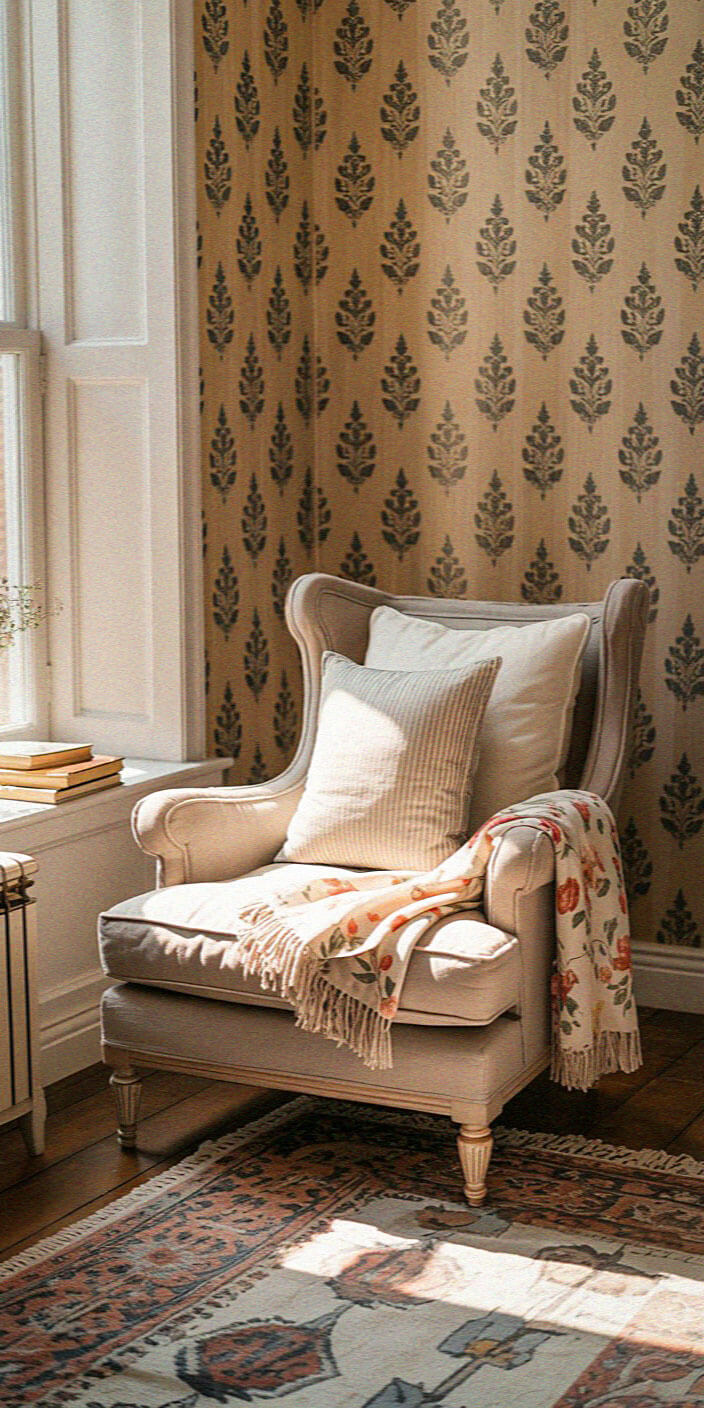 Cozy room with an elegant armchair, floral throw, and patterned rug. Sunlight streams through a large window, highlighting wallpaper with leaf motifs.