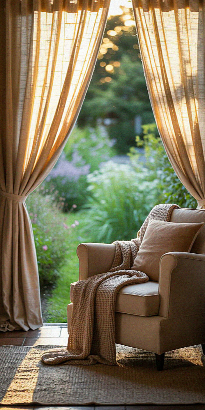 Cozy armchair with a blanket, nestled by large curtains, overlooks a lush garden in warm evening light, creating a serene atmosphere.